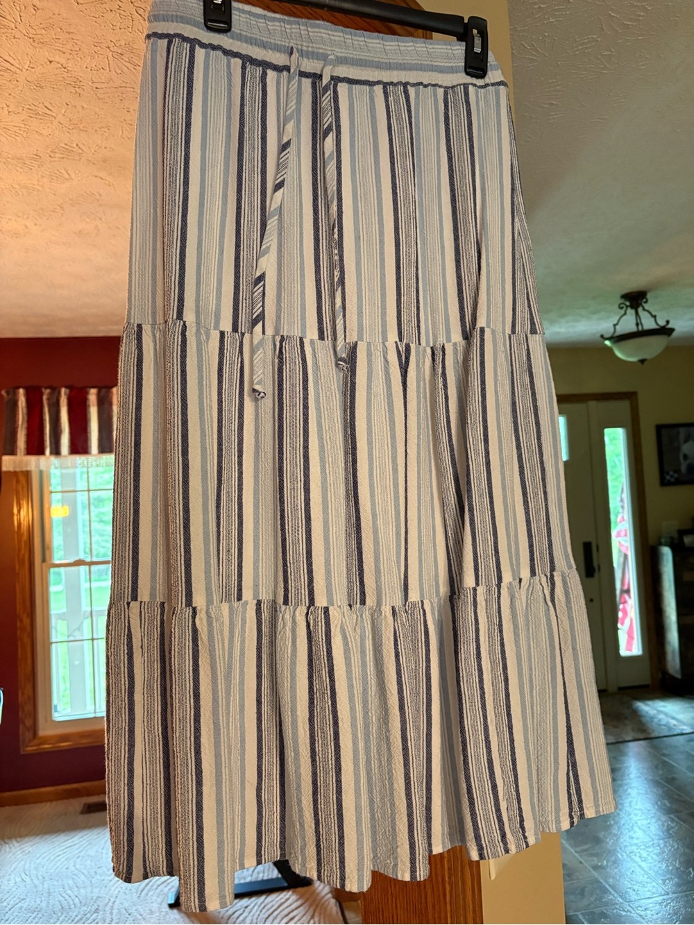 Striped Blue and White Maxi Skirt - Lightweight Tiered Design size L
